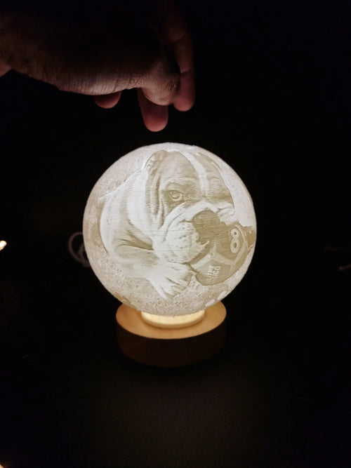 Esfera litofanía personalizada con foto de mascota — luz cálida y base de madera