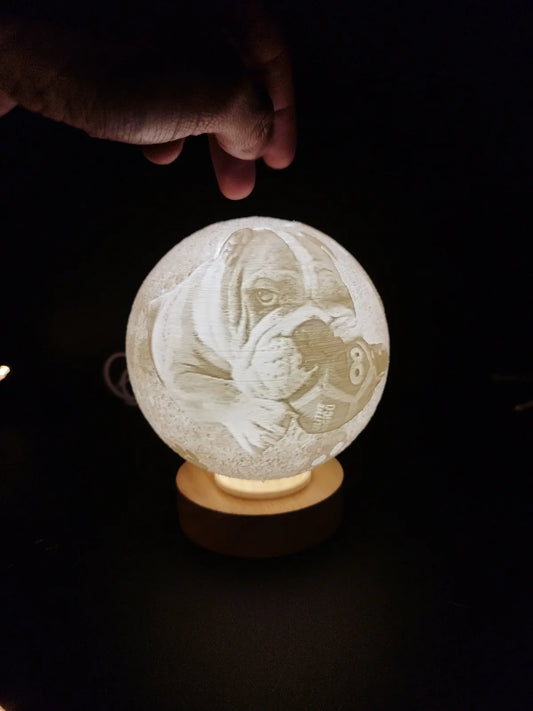 Esfera litofanía personalizada con foto de mascota — luz cálida y base de madera
