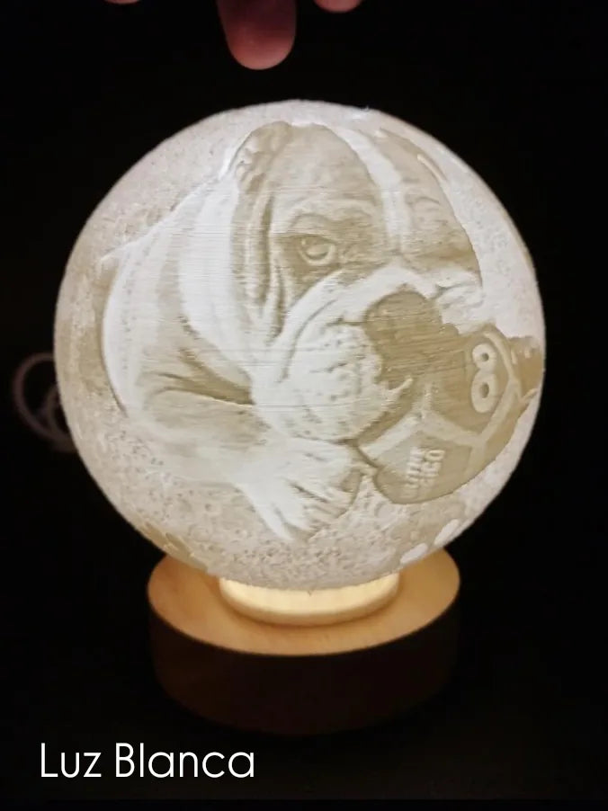 Esfera litofanía con luz blanca — base redonda de madera