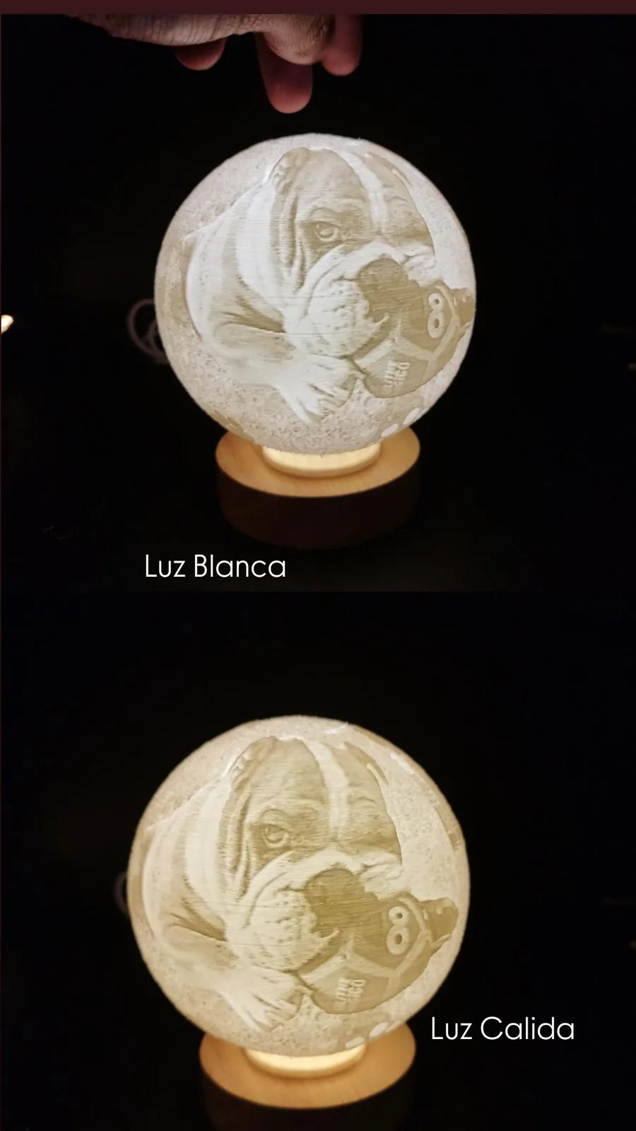 Esfera litofanía — comparación luz blanca y luz cálida (tres tonos)