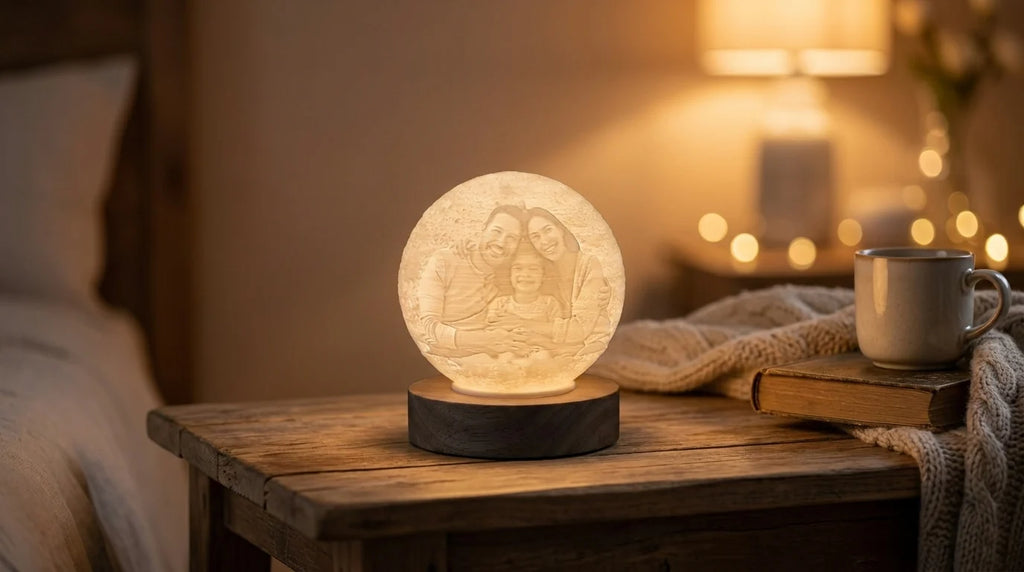 Lámpara Día del Padre encendida en mesa de noche de un hogar acogedor